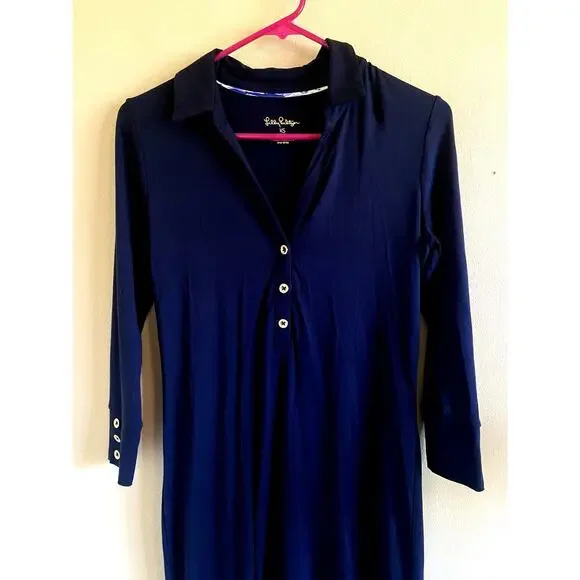 Lilly Pulitzer Navy Blue Gold Tone Button Collared Jersey Knit Dress‎ Womens XS - Picture 12 of 16